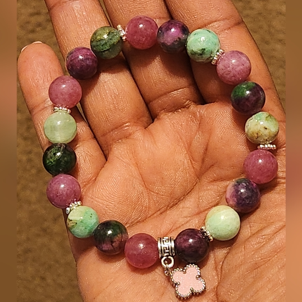 Pink and Green AKA Stone Bracelet with Charm 7"-8" in Length (Silver) - Picture 3 of 4